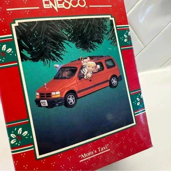 VINTAGE!! Enesco "Mom's Taxi" Christmas Ornament Red Car 1990 Holiday Decor - Picture 2 of 10